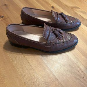 J. Crew Brown Warm Sepia Leather Crackle Tassel Tab Academy Loafers Women's 7.5